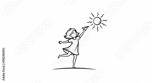 A girl throws a paper airplane towards a smiling sun