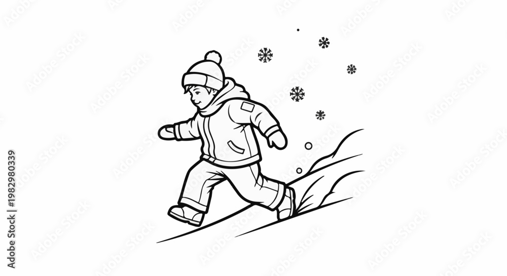 Fototapeta premium A child in winter clothes runs downhill in falling snow