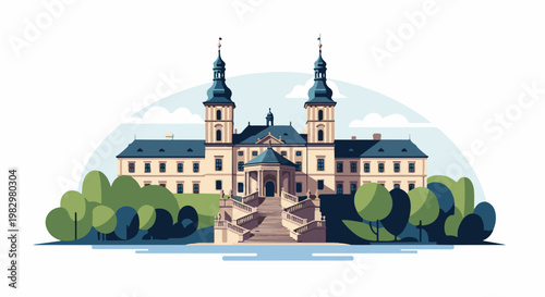 A grand, beige manor with two tall blue towers and a symmetrical facade