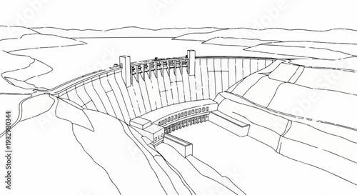 A grand concrete arch dam with water spilling over gates into a river