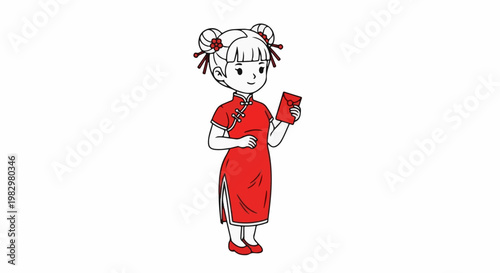 A girl in a red traditional dress holds a red envelope