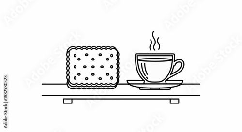 A crisp square biscuit with a patterned surface sits beside a steaming cup of coffee
