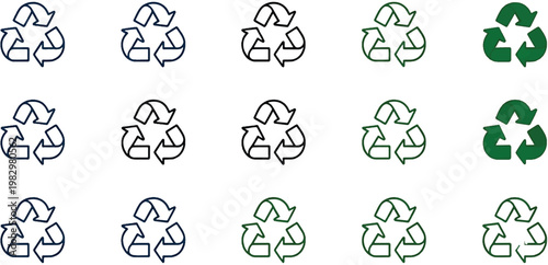 Recycle, reuse, renewable icons. Vector thin line outline stroke illustration signs in triangle, drop, heart, leaves and bolt shape
