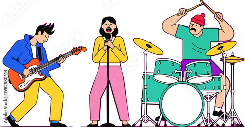 Energetic band members playing music together featuring a talented guitarist a female singer and a focused drummer performing a live show in a vibrant and creative modern flat artistic style