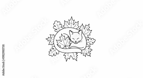 A curled-up feline rests peacefully amidst fallen leaves