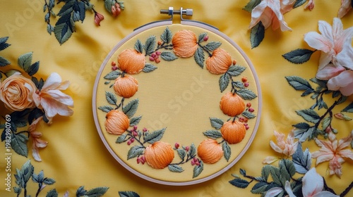 Beautifully stitched circular embroidery featuring orange fruits and flowers on vibrant yellow fabric