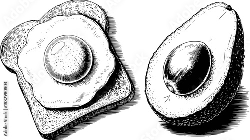 Vintage of fried egg toast and avocado half with seed white background, food breakfast