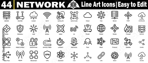 Set of 44 network line art icons. Easy to edit server router cloud wifi satellite data flow hub port downlink icons, vector illustration.