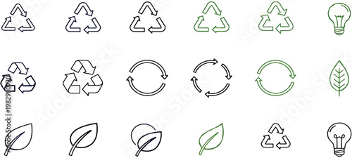 Recycle, reuse, renewable icons. Vector thin line outline stroke illustration signs in triangle, drop, heart, leaves and bolt shape