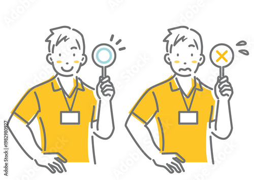 A sports instructor explains while showing true/false plates. Simple and stylish line drawing illustration.