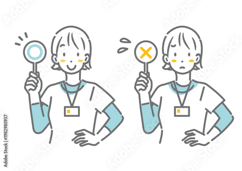 A sports instructor explains while showing true/false plates. Simple and stylish line drawing illustration.