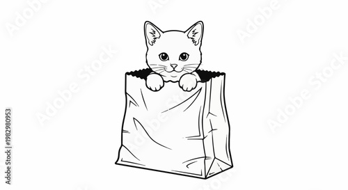 A cute kitten peers out of a paper bag, its paws resting on the rim