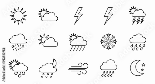A collection of simple line icons depicting various weather conditions