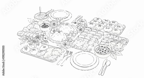 A charcoal sketch depicts a bountiful spread of assorted dishes and appetizers