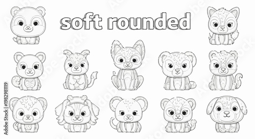 A collection of stylized, cartoonish animal illustrations with a "soft rounded" text overlay