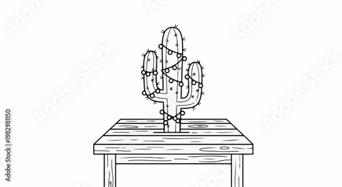A cartoon-style saguaro cactus decorated with string lights sits on a wooden table