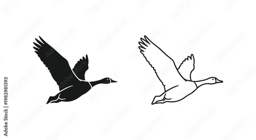 Obraz premium Flying goose vector silhouette and line art set, black wild bird icons in flight, minimalist waterfowl illustrations for hunting and nature logos