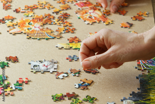 A woman is assembling puzzles at home in natural light. Only hands are visible.