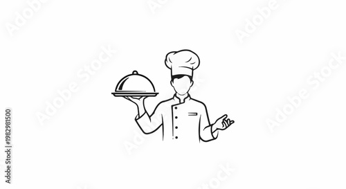 A chef in a tall hat holds a covered platter