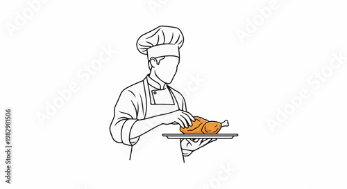 A chef in traditional attire presents a golden-brown roasted chicken on a platter