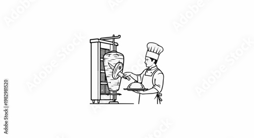 A chef slices meat from a vertical rotisserie while holding a serving platter