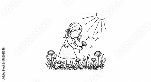 A child blows dandelion seeds on a sunny day in a field