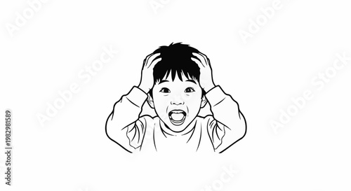 A child holds head in shock, eyes wide with mouth agape in line art