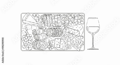 A charcuterie board with assorted cheeses, meats, grapes, and olives, next to a wine glass