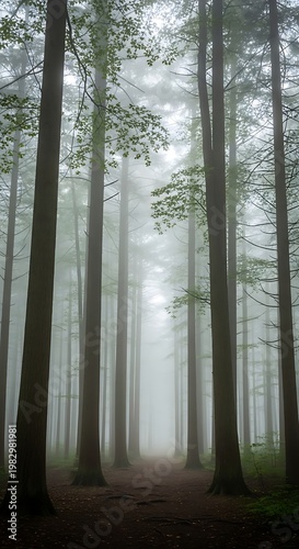 Misty forest path with tall trees and green leaves creating a serene and atmospheric natural landscape