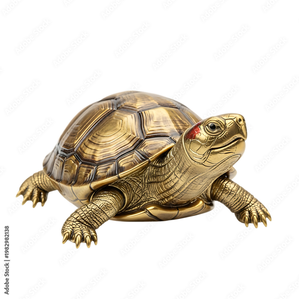 Obraz premium Golden turtle statue with red eye detail on white background