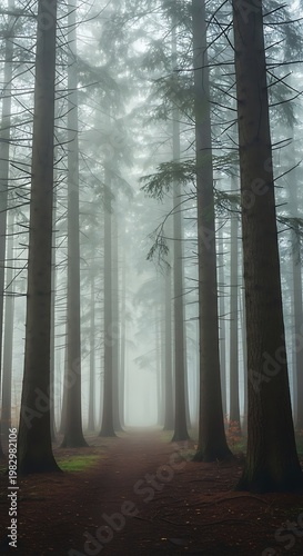 Misty forest path with tall pine trees and soft light filtering through the fog creating an atmospheric and serene woodland scene