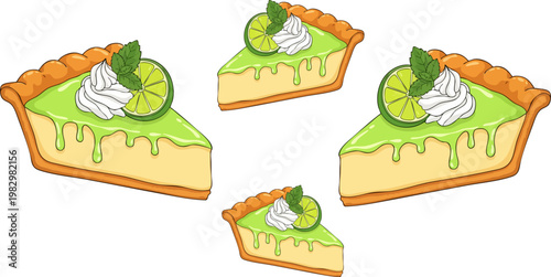 Multiple slices of refreshing key lime pie topped with whipped cream and fresh citrus garnish presented in a cute colorful hand drawn digital illustration style perfect for food themed design projects