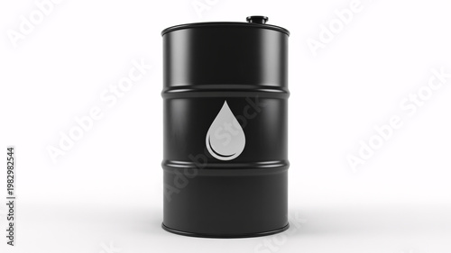 A black oil barrel with a white drop logo on a plain background
