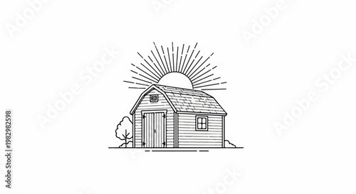 A charming, hand-drawn style line art depicts a small wooden shed