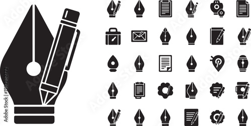 Black and white icons of writing tools online