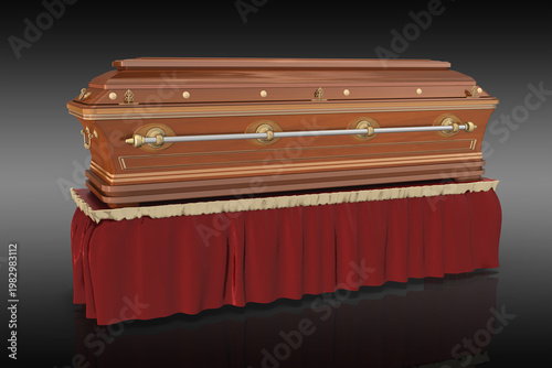 3d Luxus Hochglanz Sarg aus Edelholz und Gold auf schwarz-weißen Hintergrund
