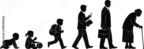 Human Life Cycle Silhouette from Baby to Elderly Person, Aging Stages Concept Vector Illustration Showing Growth, Development, Adulthood and Old Age Progression.