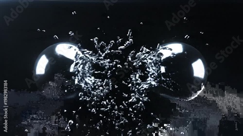 Reflective dark sphere with digital glitch on black background