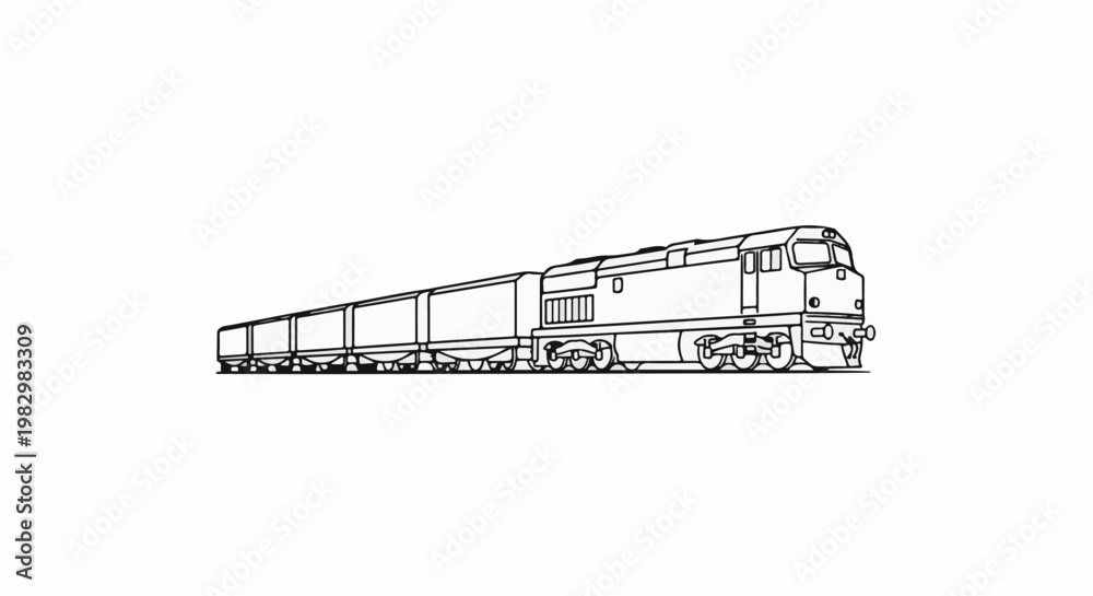 Fototapeta premium A detailed line drawing of a diesel locomotive pulling multiple cargo cars on a railway