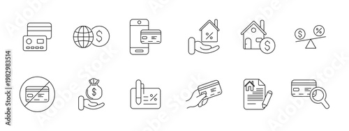 Banking mortgage finance set icon. Card globe mobile house percent home balance prohibition cash loan document search depict payment property investment transaction.