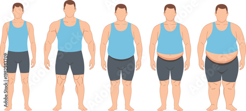 Male Body Transformation Stages from Fit to Obese Physique, Weight Gain Progression Concept Vector Illustration Showing Different Body Shapes and Health Conditions.