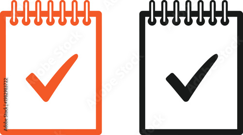 A pair of simple notebook icons featuring a checkmark symbol for task management and to-do lists Vector