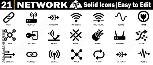 Network Icons set. Port router gateway wireless protocol wave port hub access echo mesh fiber router flow stream connect signal node sync gateway. vector illustration.