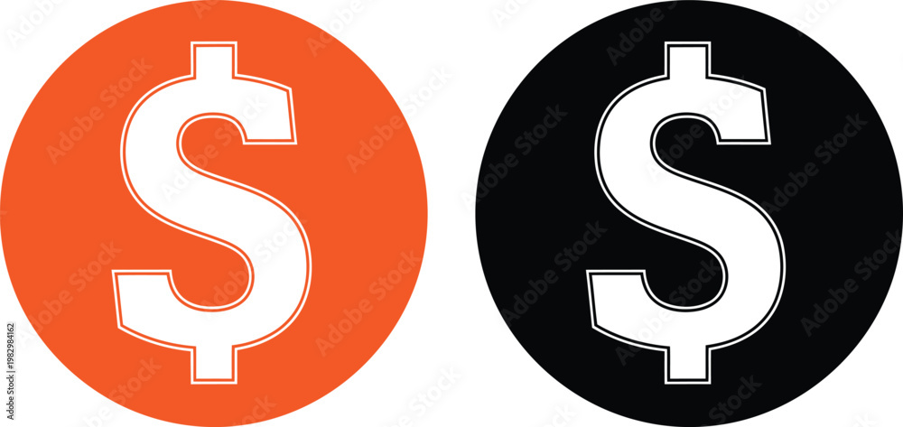 Fototapeta premium Two circular icons featuring a white dollar sign symbol on orange and black backgrounds respectively Vector