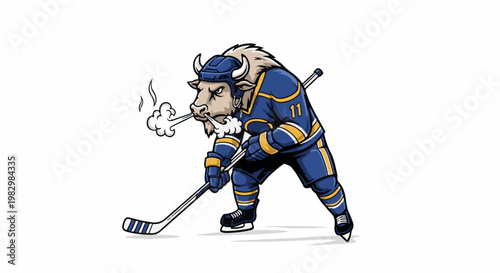 A determined buffalo mascot in a hockey uniform, breathing steam