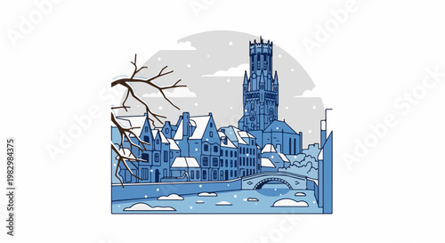 A charming pixel art cityscape depicts a serene winter scene with snow-covered buildings