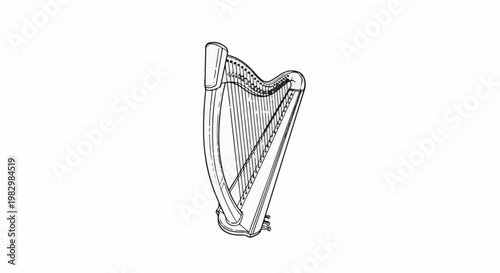A detailed outline drawing of a harp, a musical instrument with many strings