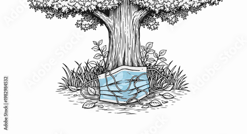 A discarded face mask lies at the base of a large tree with fallen leaves