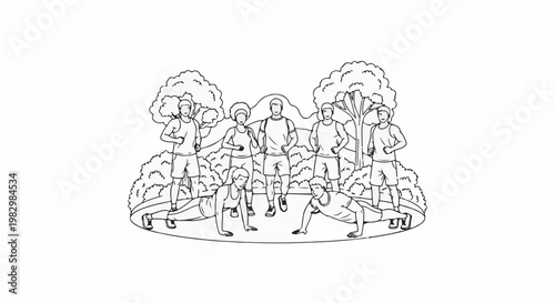 A diverse group exercises outdoors with some jogging and others doing push-ups