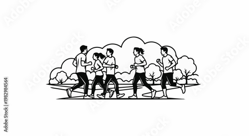 A diverse group of people running together in a park during daytime